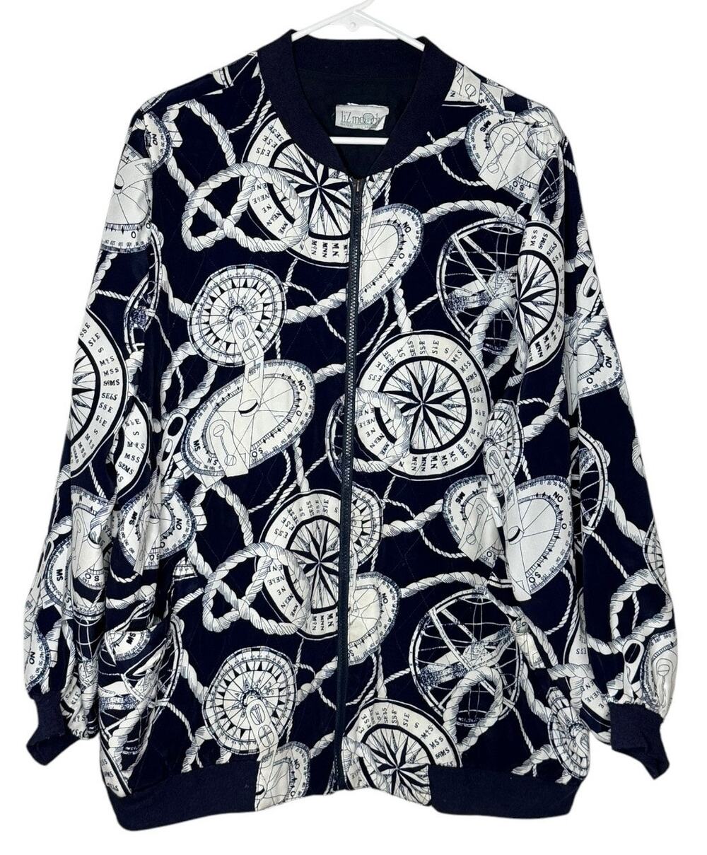 Vintage Liz Moody nautical print silk quilt jacket navy & white size large